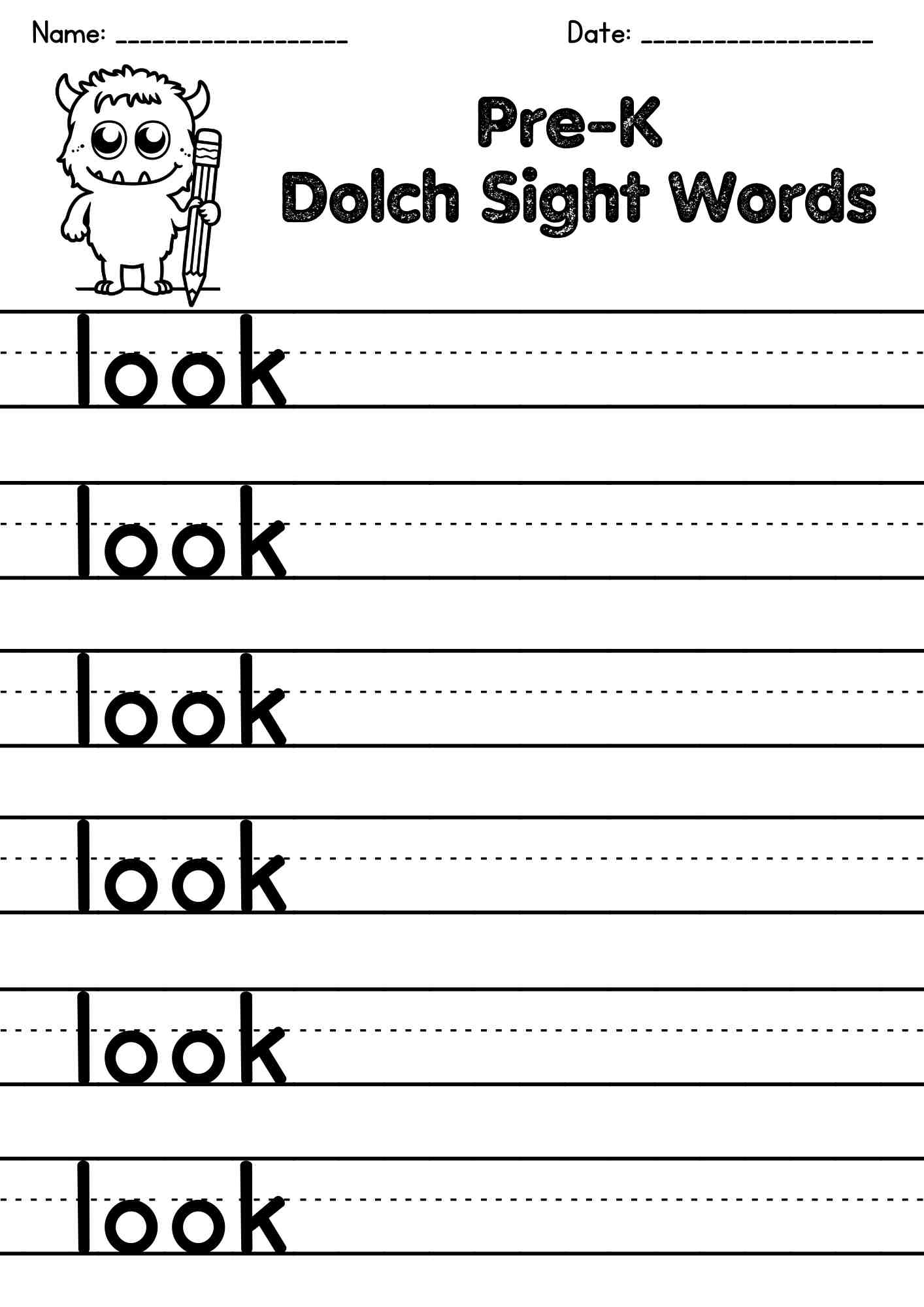 "look" Dolch Sight Word Writing Worksheets – Free PDF Download for Early Learners